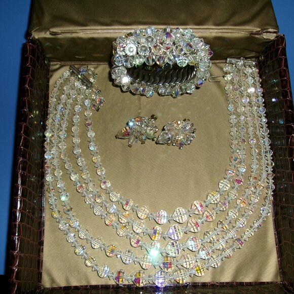 Aurora Borealis Set Antique 1950's Genuine High End Crystal Jewelry - Picture 5 of 8